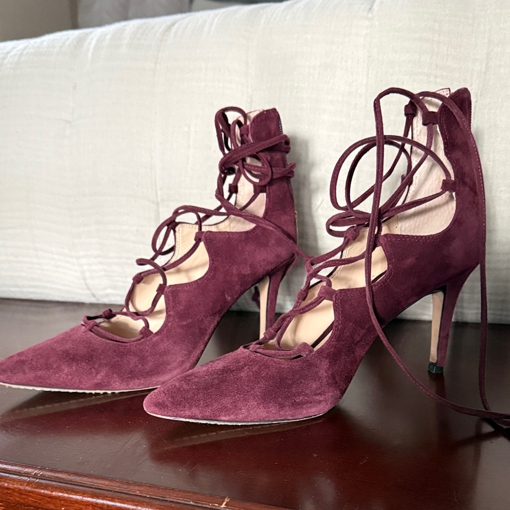 Vince Camuto Burgundy Suede Lace-Up Pointed Heels